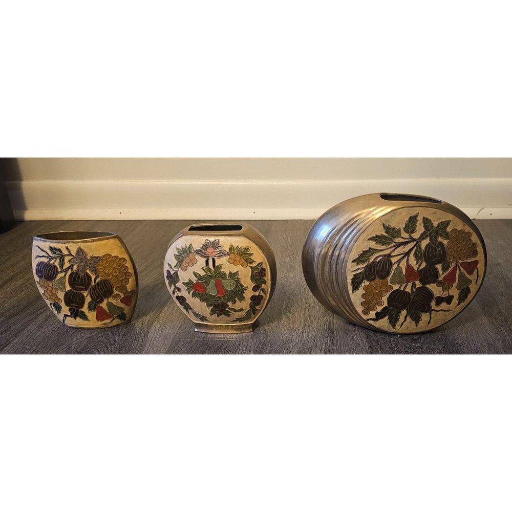 Lot of 3 Vintage Brass / Copper Raised Enamel Floral Vases Made in India